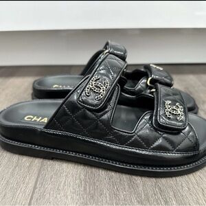 CHANEL Black Quilted Leather Double-Strap Slide Sandals with CC Hardware Size 7